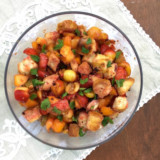 Kick off the summer fruit season with this Honey Panzanella Fruit Salad. Recipe at Teaspoonofspice.com #honey #panzanella #fruitcup #fruitsalad #summer #dessert