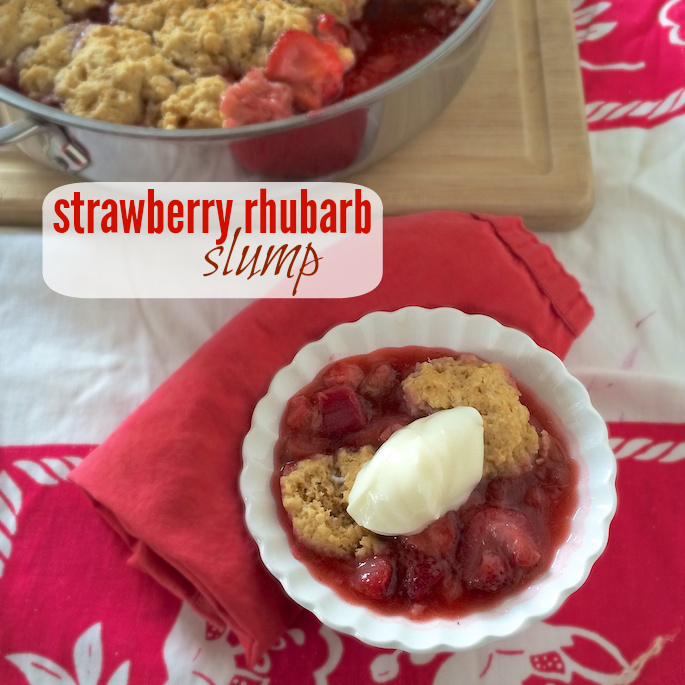 Rhubarb and strawberries meet up in this slump recipe similar to a fruit cobbler. Recipe at Teaspoonofspice.com #rhubarb #strawberries #summerdesserts #cobbler