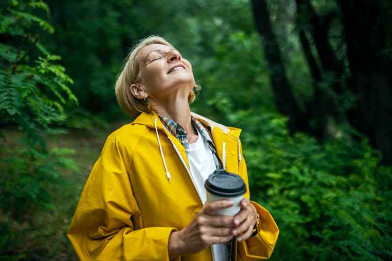 Female Hiker in a yellow raincoat exploring forest